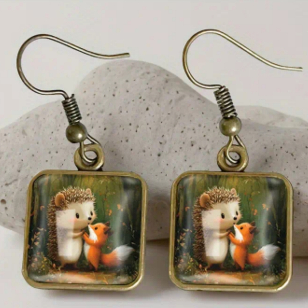 hedgehog fox earrings animal print square crystal glass dangle